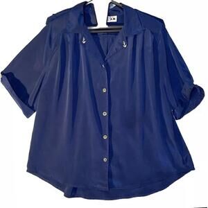 Vintage 90s Blouse Gold Buttons Womens Size 11/12 NavyBlue Anchors Shoulder Pads